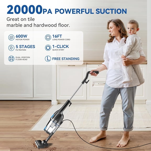 R6X Corded Stick Vacuum Cleaner, 20Kpa Powerful Suction with 16Ft Cord, 2-in-1 Lightweight Handheld for Hardwood Floors and Pet Hair