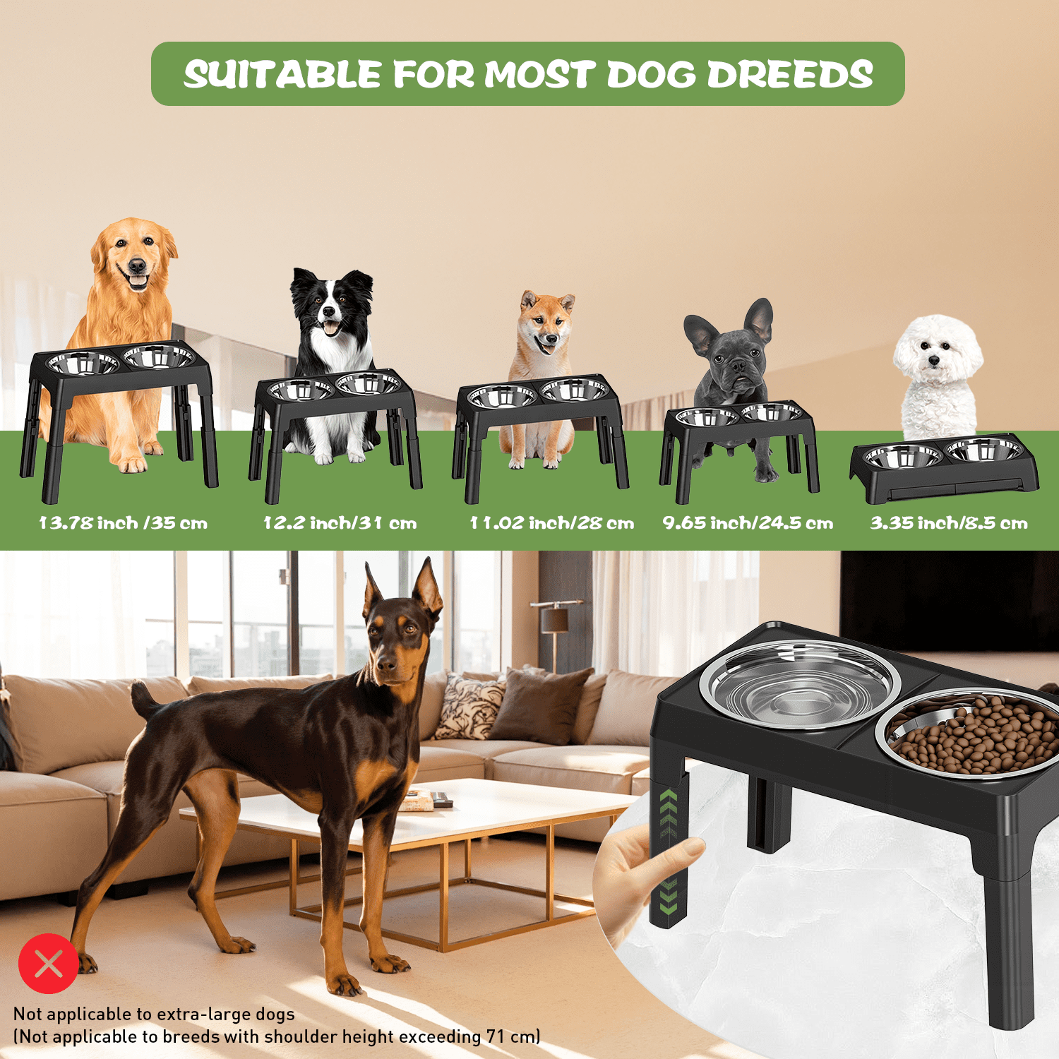 ABSOKE Elevated Dog Bowls - 5 Heights Adjustable Raised Dog Food Bowls with 2 Stainless Steel for Small Medium Large Dogs Cats