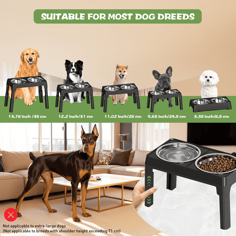 Absoke Elevated Dog Bowls - 5 Heights Adjustable Raised Dog Food Bowls with 2 Stainless Steel for Small Medium Large Dogs Cats, Black