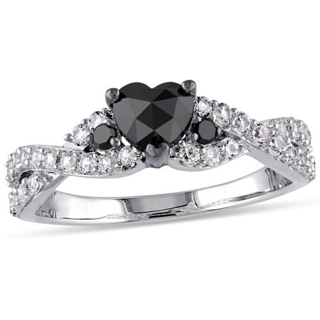 Miabella 5/8 Carat T.G.W. Created White Sapphire and 3/5 Carat T.W. Black Diamond Sterling Silver Heart Engagement