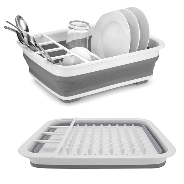 Professional Dish Rack - Kitchen Collapsible Dish Drainer Drying Rack strainer Cups Plates utensils Tray