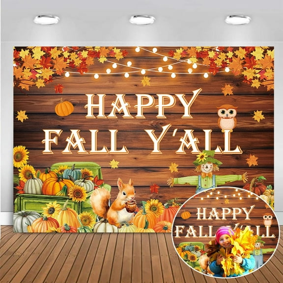 Happy Fall Y'all Pretty Backdrop Fall Harvest Photography Background Cute Scarecrow Pumpkin Squirrel Rustic Wood Truck Maple Leaves Banner for Thanksgiving Autumn Party Decor Supplies