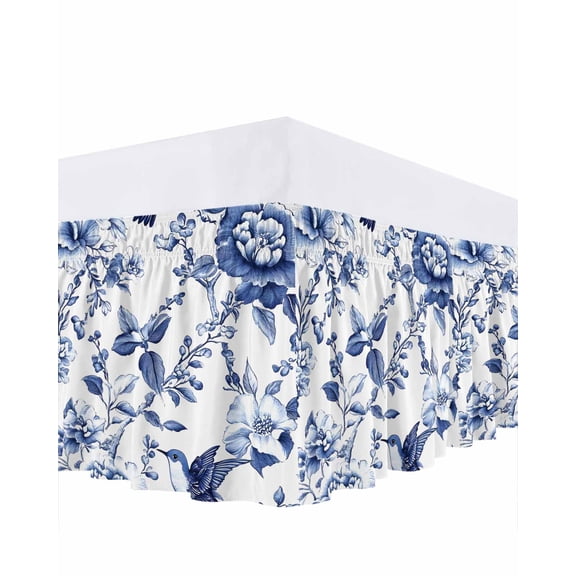 Vintage Dark Bed Skirt King Size 16 Inch Drop, Blue Flowers Leaf Hummingbird Rustic Adjustable Elastic Dust Ruffles Bedskirt for King Bed Wrap Around Pleated Mattress Frame Cover