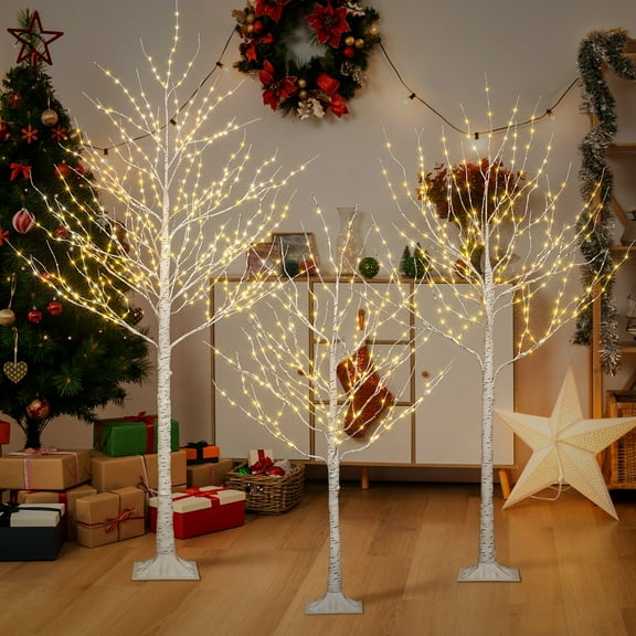 Lightshare Lighted Birch Twig Tree with Fairy Lights 4FT, 6FT and 8FT, Pack of 3 Warm White for Indoor Outdoor Home Christmas Holiday Decoration