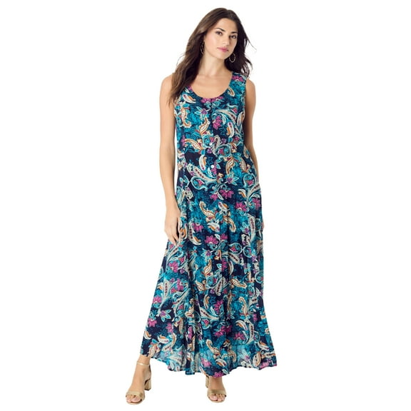 Roaman's Women's Plus Size Petite Plus Size Sleveless Hand-Crinkled Button-Front A-Line Maxi – Curvy Breezy Dress