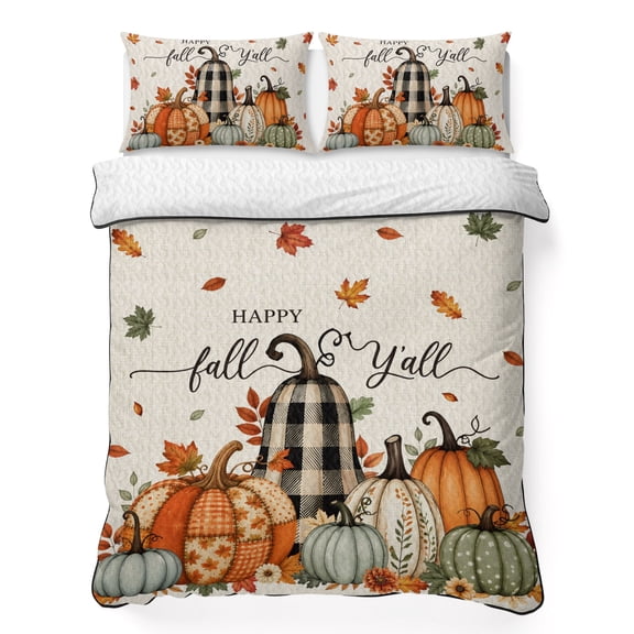 Quilts Twin XL Size Bedding Set, Thanksgiving Pumpkins Lightweight Quilted Comforter, Fall Plaid Autumn Leaves Floral Rustic Reversible Bedspread Coverlet with Pillow Covers for All Season, 68" x 98"
