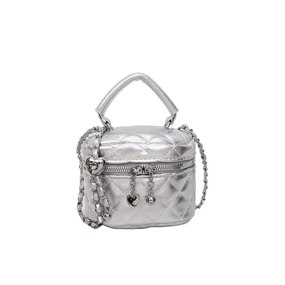 Wynndora Mini Box Crossbody Bag, Silver Quilted Metallic Purse with Chain Strap, Top Handle & Heart Charm, Women's Evening Clutch