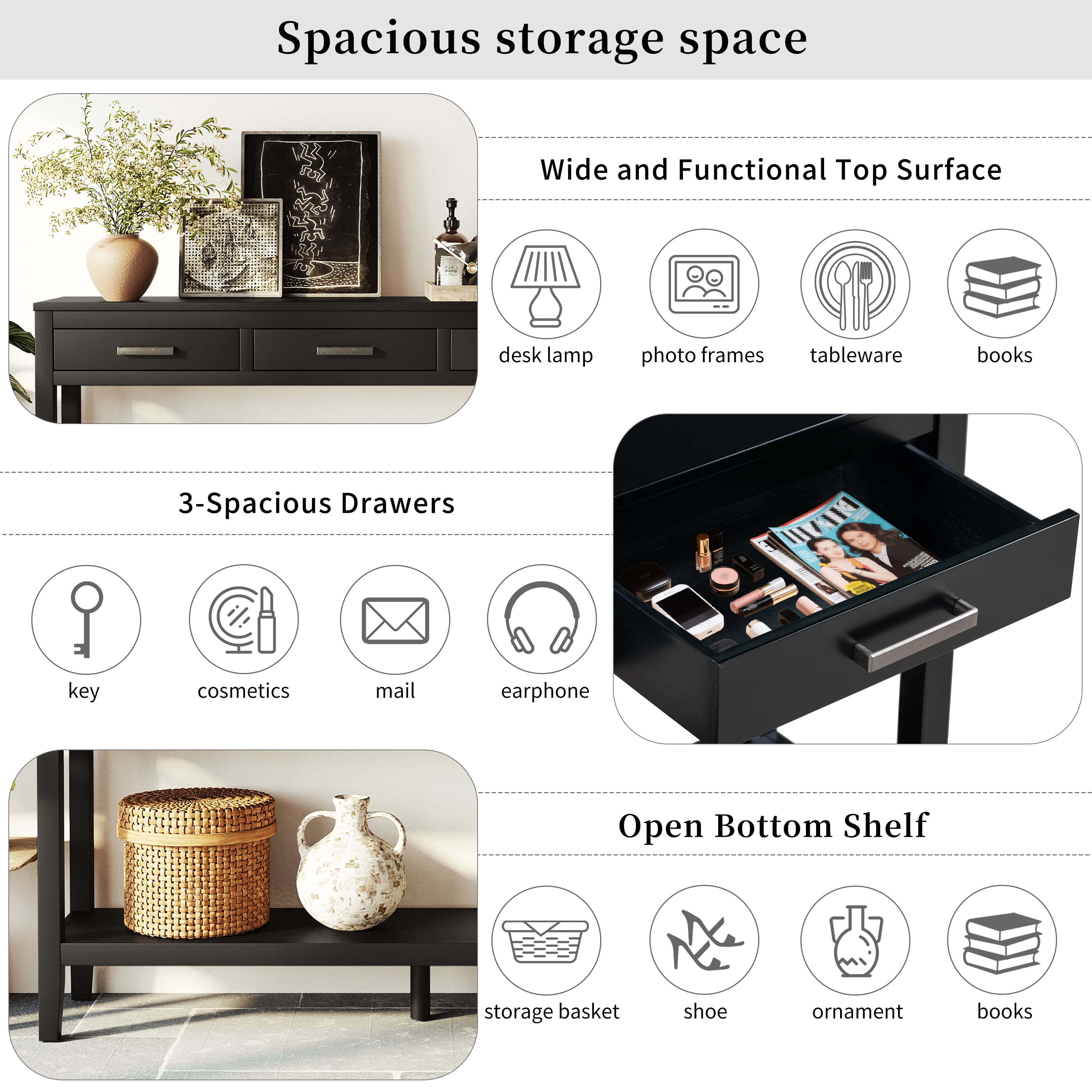 EUROCO 59.1" Longer Console Table, Narrow Wood Sofa Table with 3 Drawers and Open Storage Shelf,2 Tier Behind Couch Table Entryway Table for Living Room,Entryway,Hallway,Black