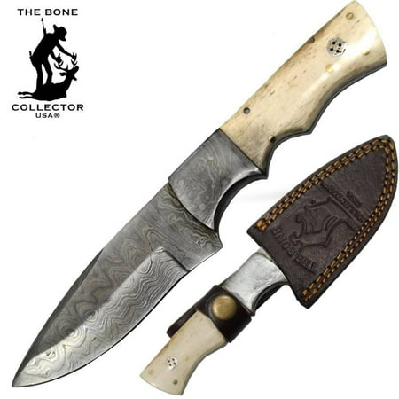 BC HKDB-19BN 8 Damascus Blade Bone Collector Bovine Handle Hunting Knife with Leather Sheath