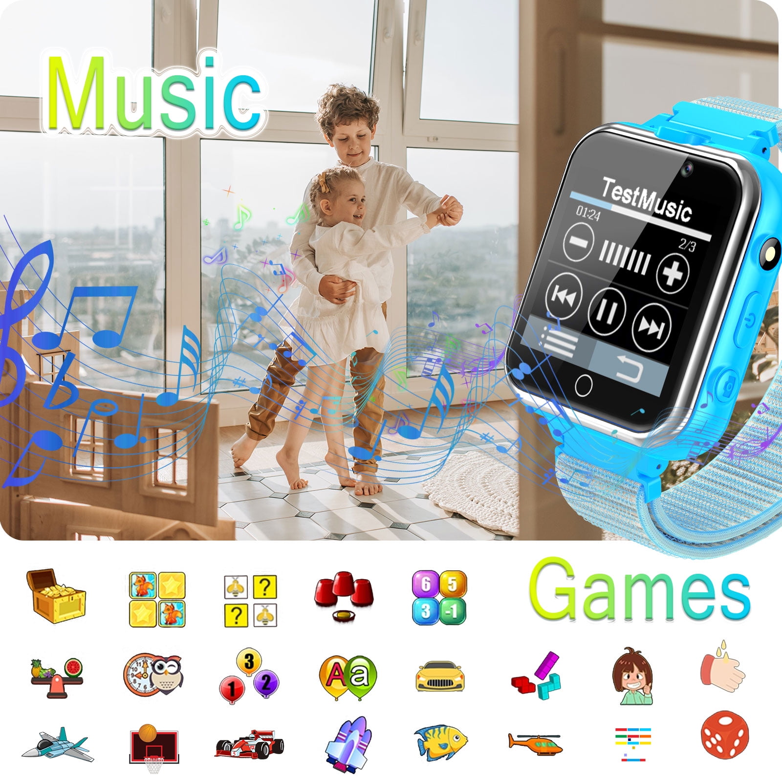 PTHTECHUS X32-Blue Kids Smartwatch with Dual Camera, 24 Games, MP3 & More, Blue with Nylon Band