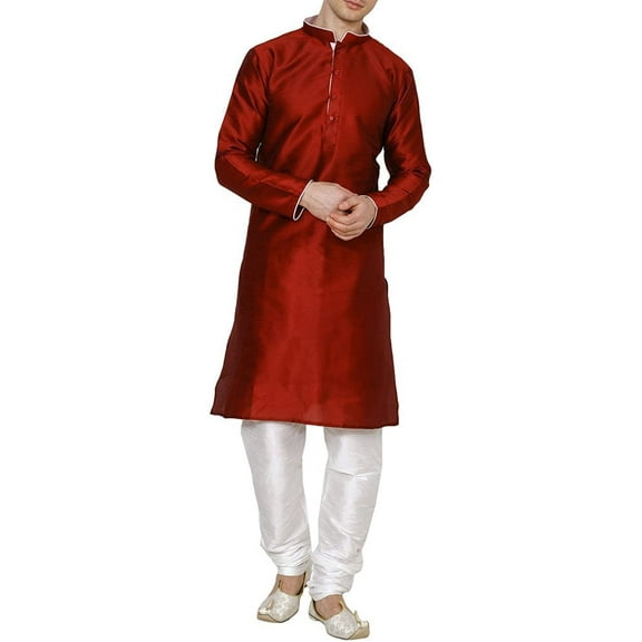 Royal Kurta Men's Cotton Silk Contrast Piping Kurta Churidar Maroon