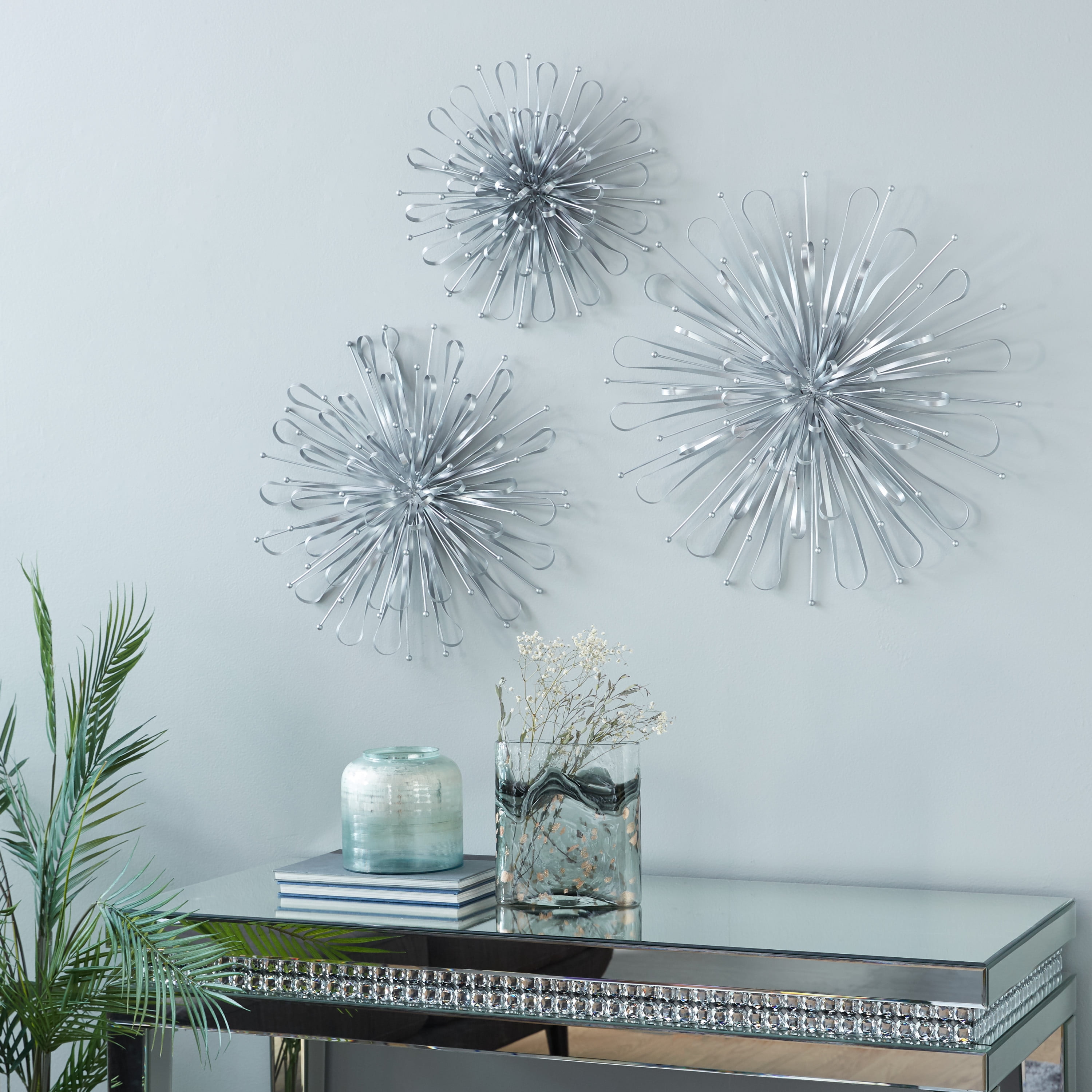 DecMode Silver Metal Starburst Wall Decor with Orb Detailing (3 Count