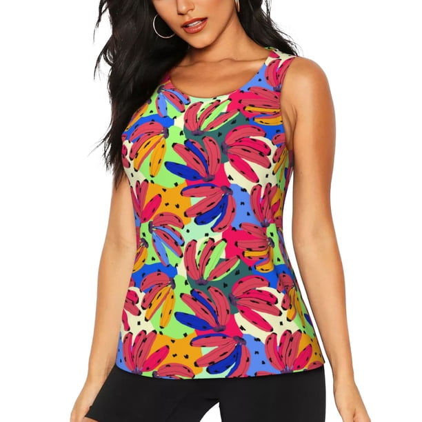 Balery Colorful Bananas Camiseta sin mangas estampada ligera para mujer, tops de entrenamiento sin mangas, camisetas de yoga transpirables de secado rápido.-Medium