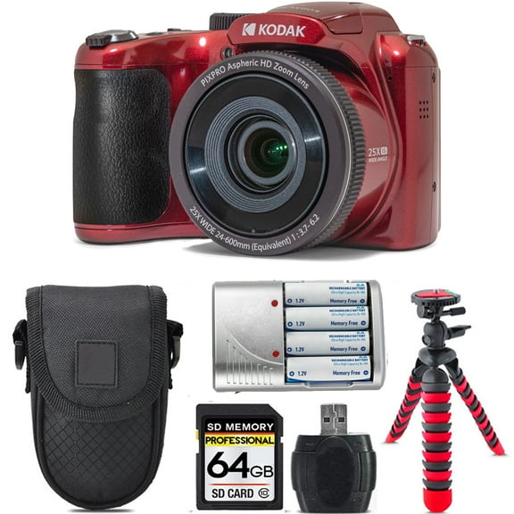 Kodak PIXPRO AZ255 Digital Camera (Red)   Extra Battery  Tripod   Case -64GB Kit