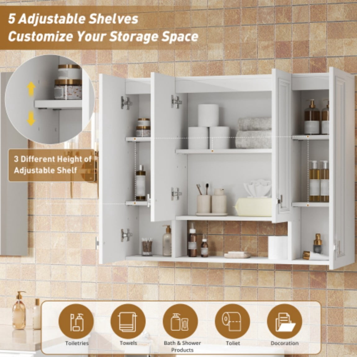 36" Wall Mounted Medicine Cabinet with 5 Adjustable Shelves, Bathroom Storage Cabinet with Open Shelving, Soft Close Hinges, Modern Bathroom Organizer, White