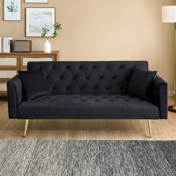 71 Inch Convertible Love Seat Sofa, Velvet, Suitable for Small Living Room, Bedroom, Office (Black)