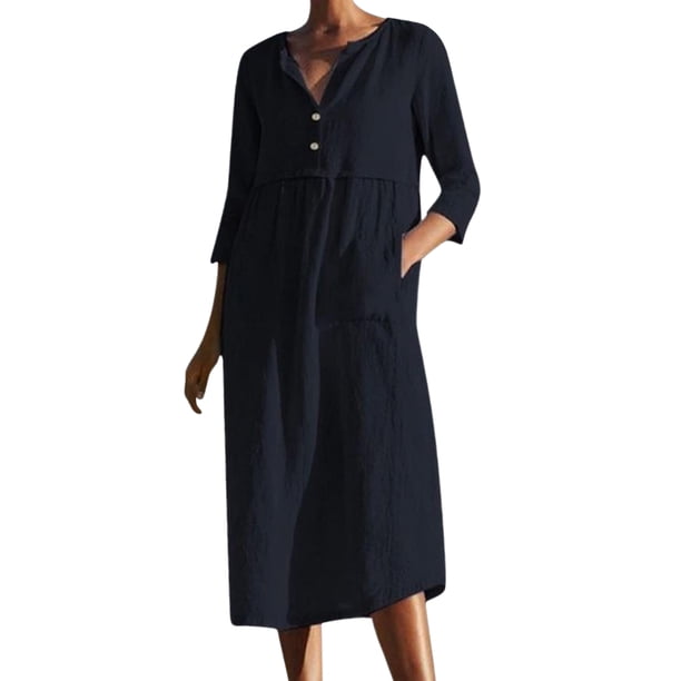 Vestido casual de mujer Color sólido Lino Algodón Cuello redondo Botón abajo Traje de vacaciones FLhrweasw Nuevo