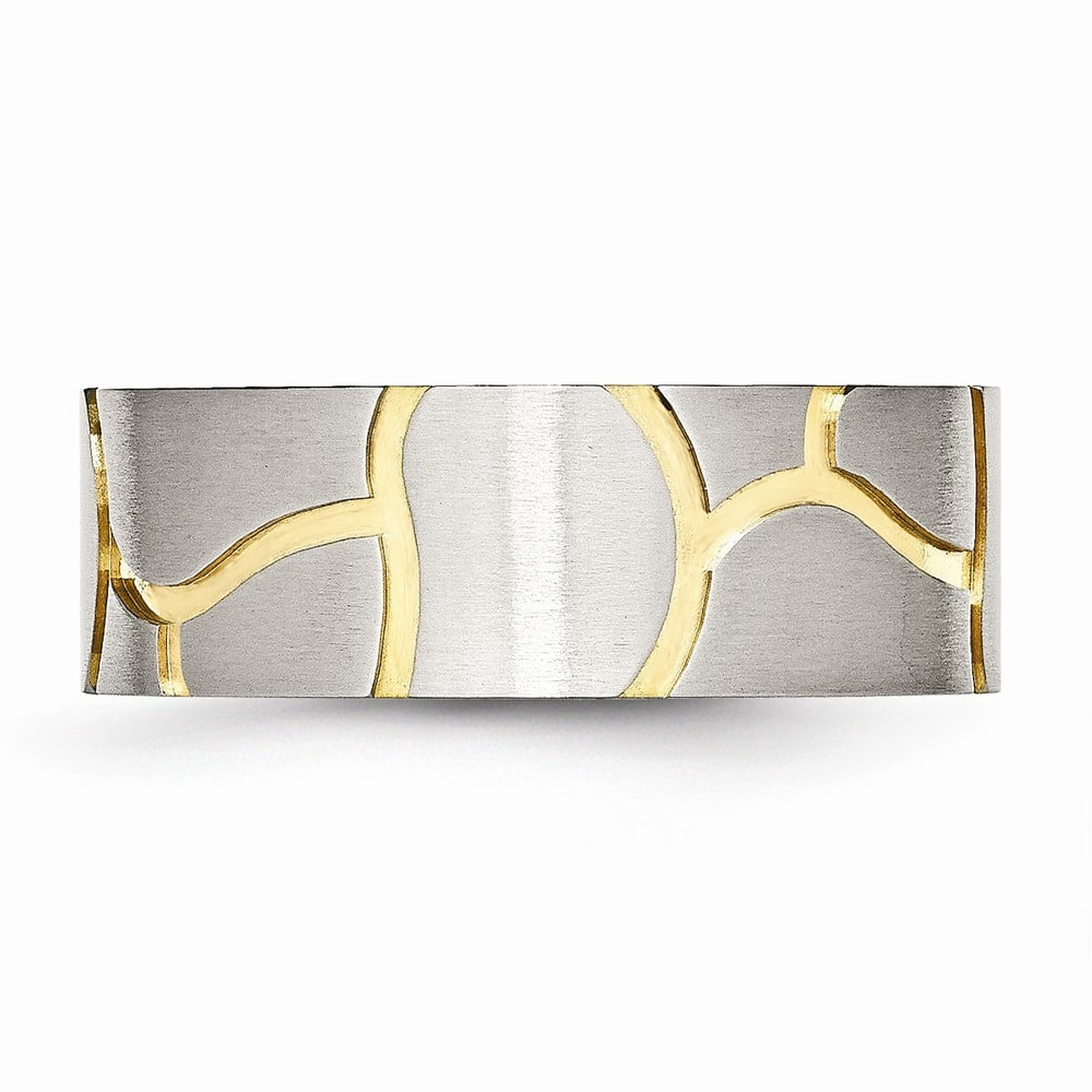 Stainless Steel Satin and Grooved Gold-Flashed Mens 8mm Band Ring - 7.6 Grams - Size 13