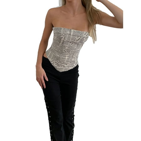 

Women Sexy Strapless Corset Tops Gothic Print Bustier Tube Top Cut Out PU Leather Crop Top Cami Vest 90s Streetwear