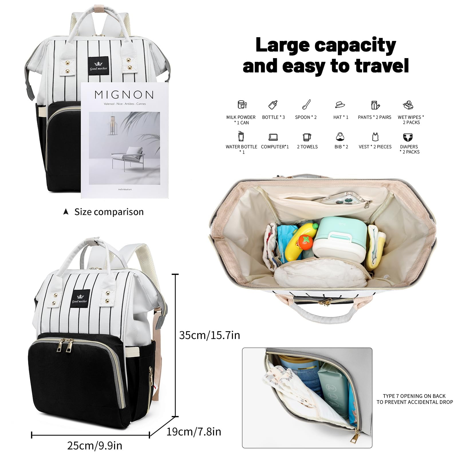 Diaper Bag Bacpack, HDJ Large Capacity Travel Diaper Bag with Insulated Milk Bottle Pocket for Mommy,Black