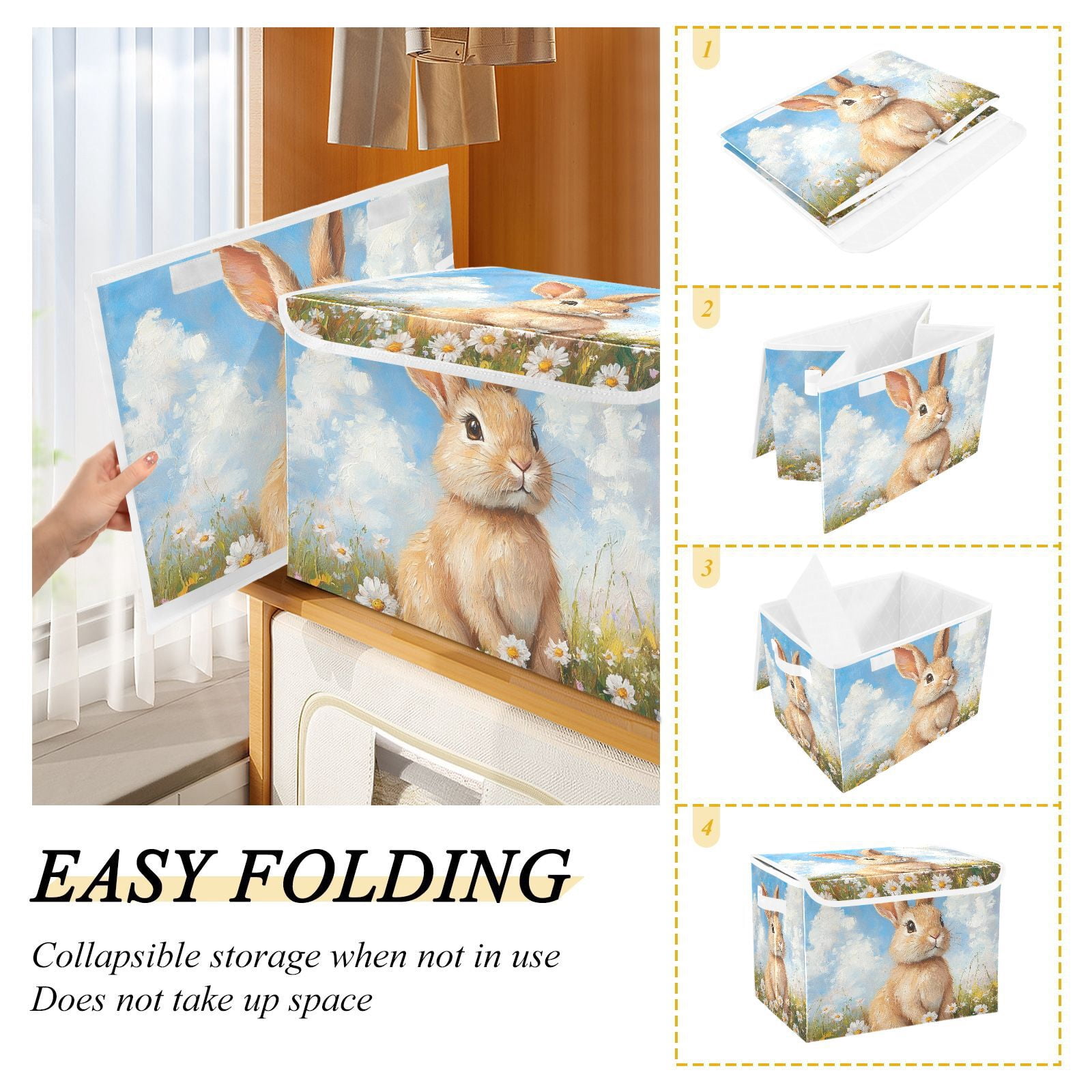 Easter Rabbit Flowers Storage Basket for Shelves Foldable Container Organizer for Organizing Toys Clothes Books with Handles
