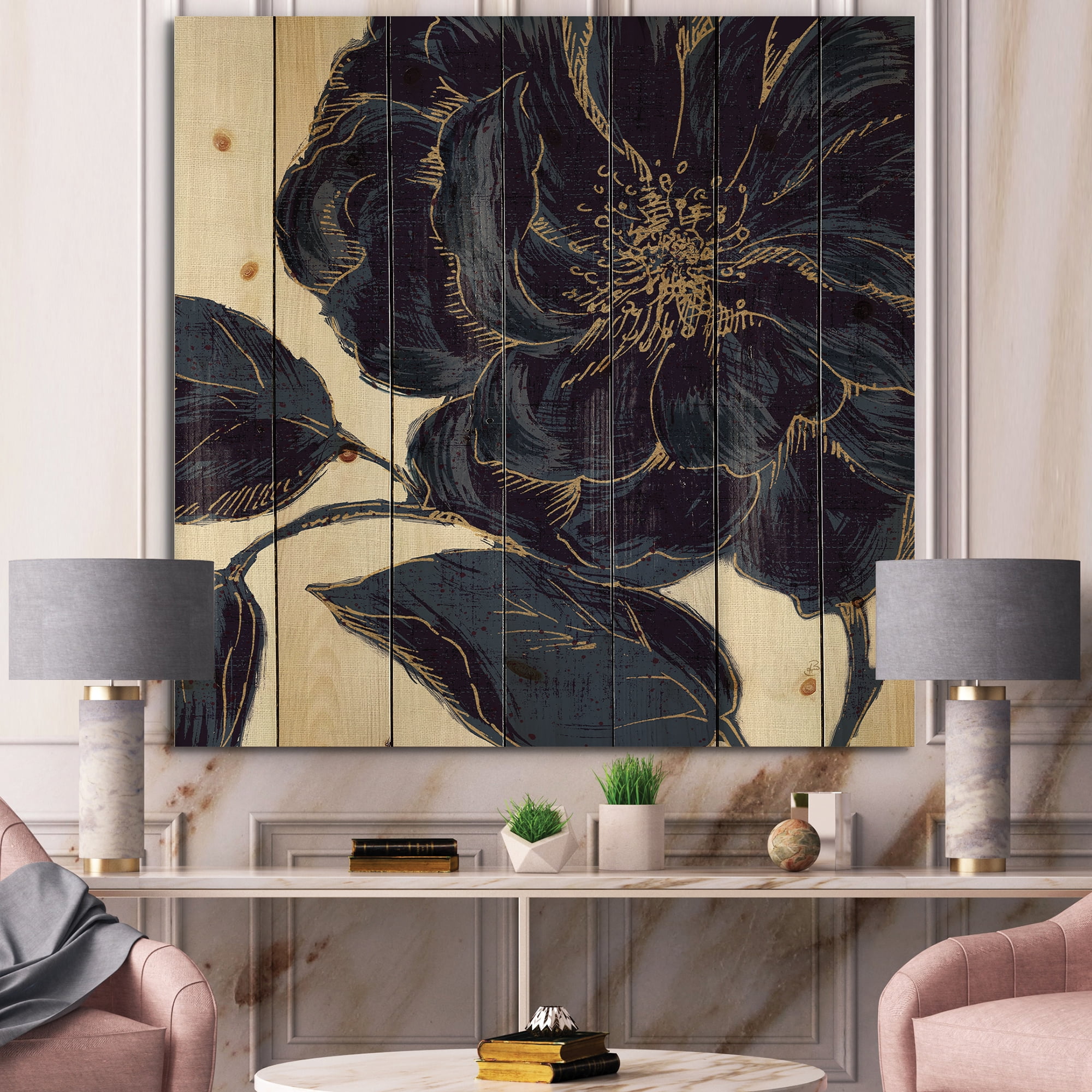 Designart 'Dark Rose Gilded Gold' Floral Print on Natural Pine Wood