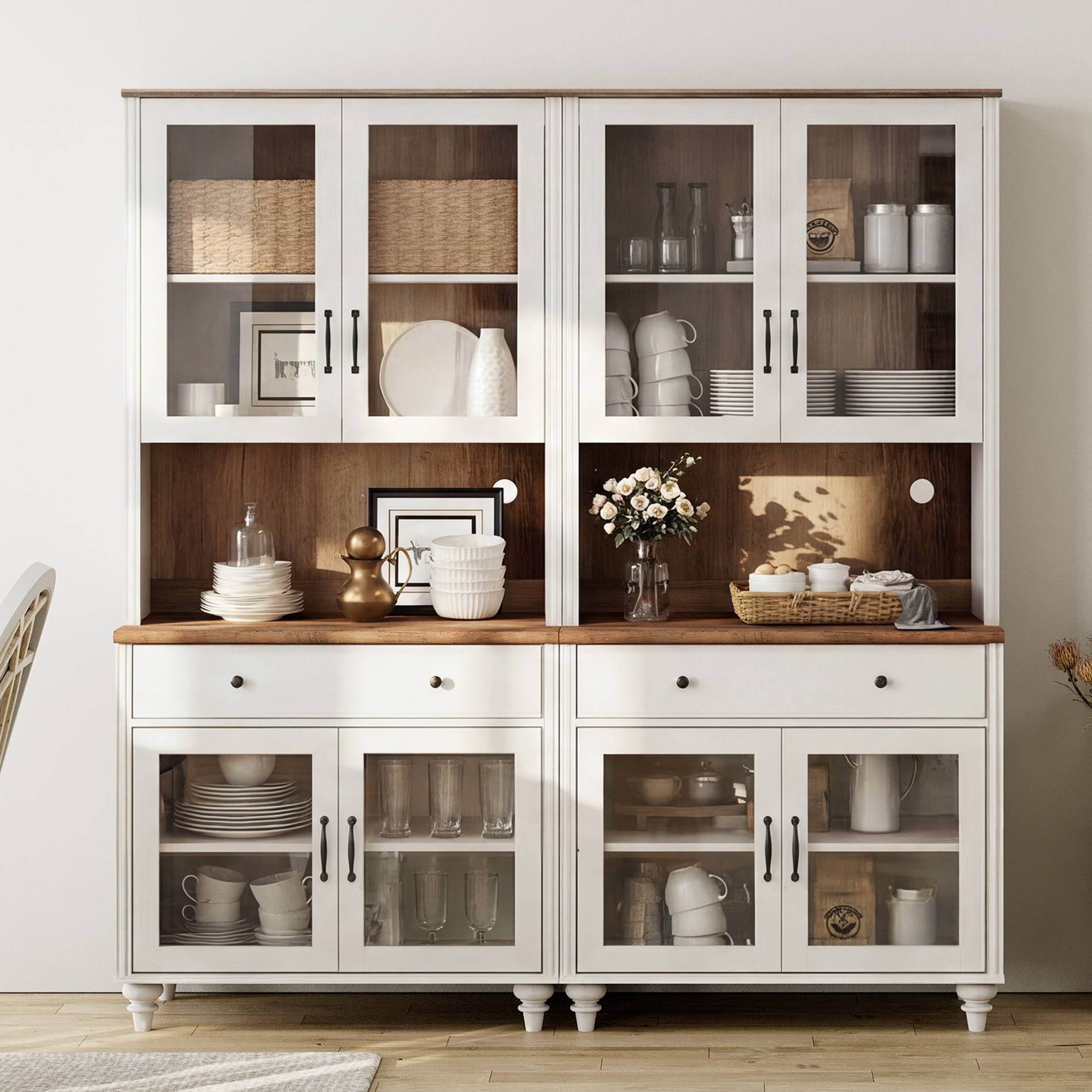 72.1"H × 67.7"W Bookcase with Glass Doors and Drawer, Large Farmhouse Bookcase with Bar Hutch, Suitable for Living Room, Bedroom, Home Office & Kitchen, White