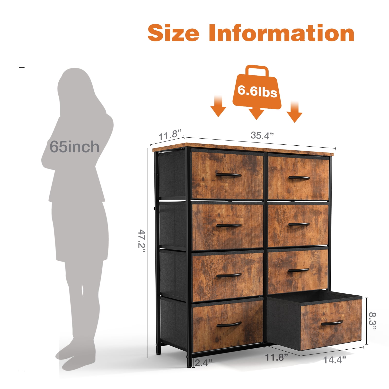 Aukfa 8 Drawer Dresser,Tall Fabric Dresser & Chest of Drawers for Bedroom,Metal Frame,Brown