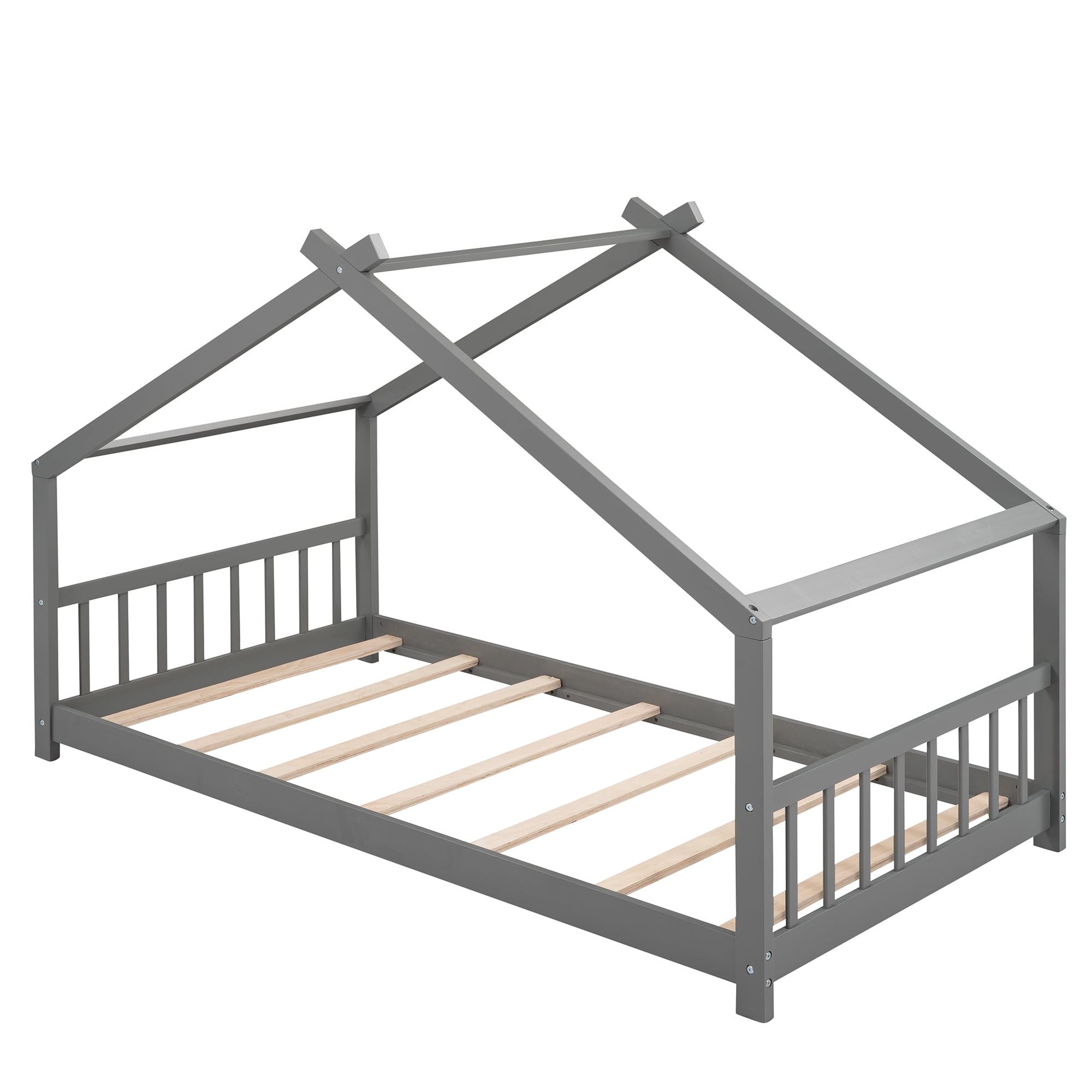 Bellemave Twin Size House Bed,Wood Platform Bed with Headboard and Footboard, House Floor Bed with Roof and Slat (Gray,Twin)