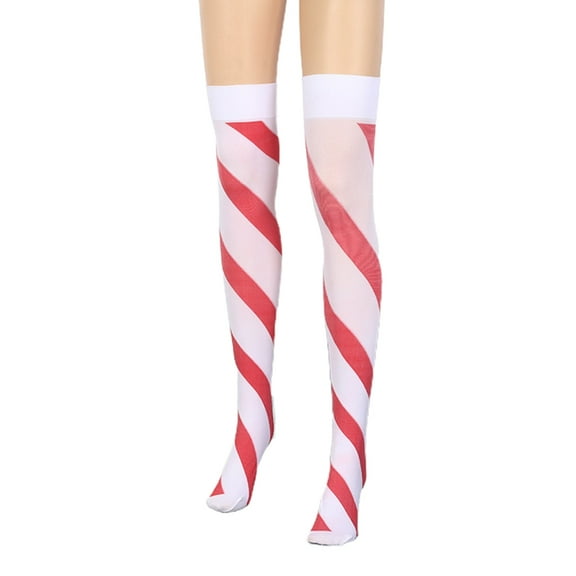 Aellinatey Women Bowknot Red White Striped Christmas Over Knee Thigh High Long Stockings
