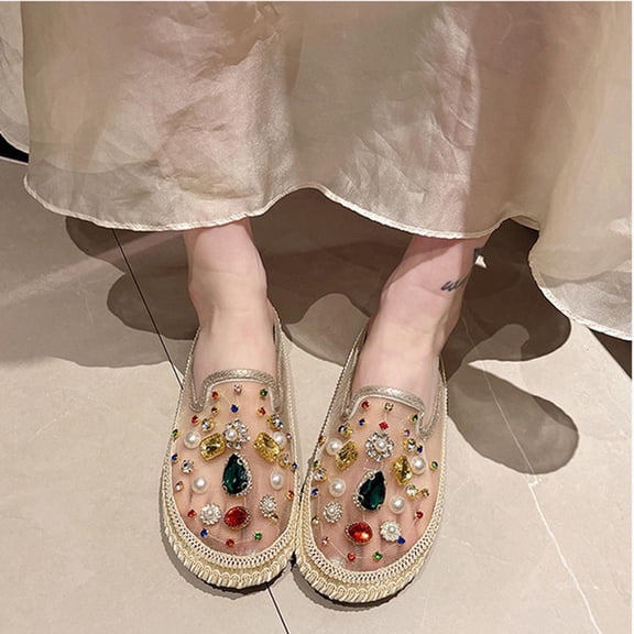 Samdudou Flat Shoes for Women Closed Toe Slip On Loafers Transparent Mesh Upper Highly Embellished with Sparkling Rhinestones and Faux Pearls Statement Footwear
