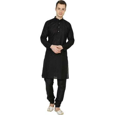 

Royal Men s Lucknowi Chikan Embroidered 100% Cotton Comfortable Kurta Churidar Pyjama Set (44 Black)