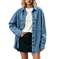 thumbnail image 2 of IUYRTFE Women's Retro Button Down Denim Jacket Long Sleeve Collared Shacket with Pockets Casual Oversized Outerwear, 2 of 8
