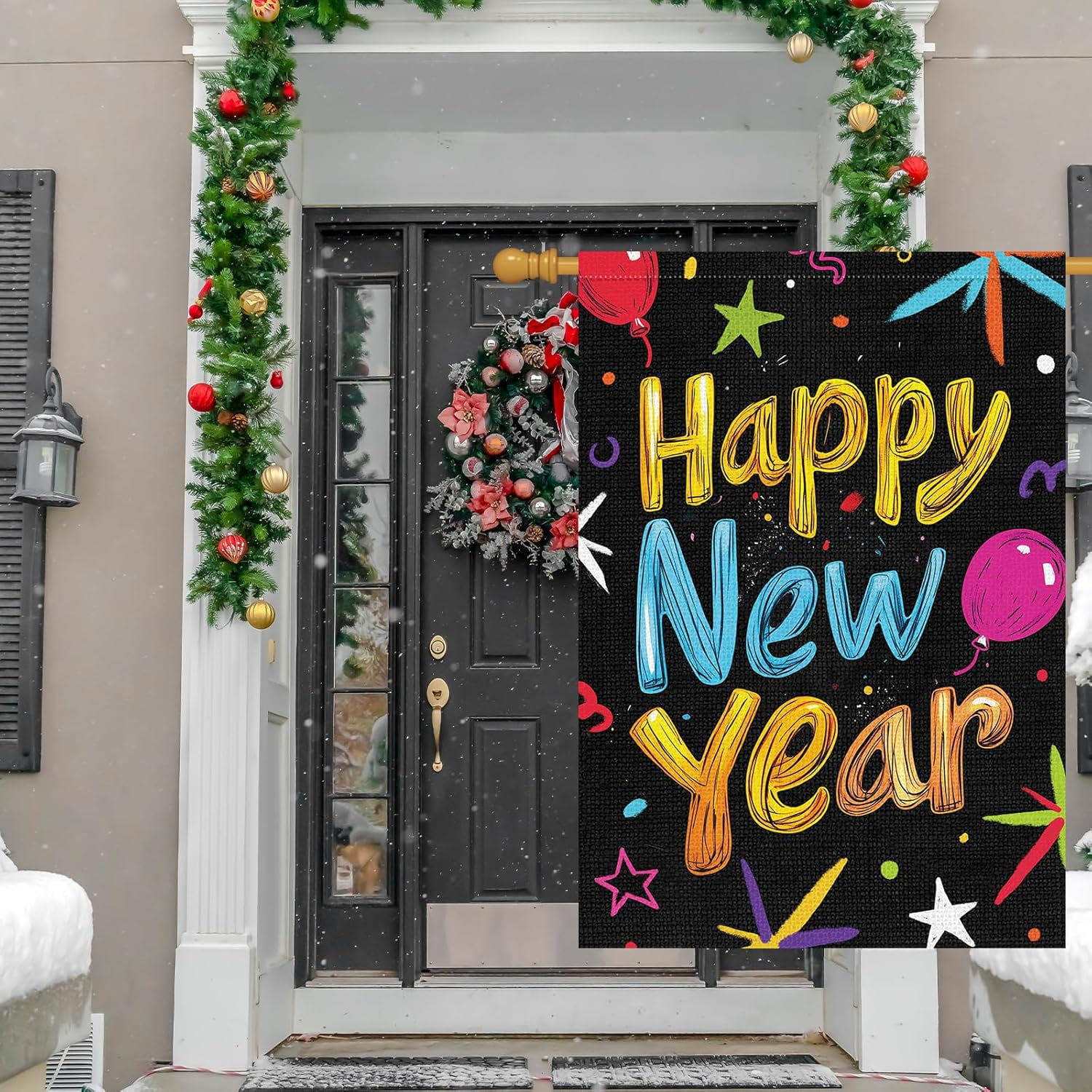 Happy New Year Garden Flag 28x40 Inch Double Sided Ballon Small Burlap Welcome Winter Holiday Yard Outdoor Flag Outside House Decoration (Only Flag)