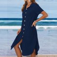 thumbnail image 4 of Robes Décontractées pour Femmes, Couleur Unie, Boutonnée, Col en V, Col à Revers, Robe Midi, Manches Longues/courtes, Robe Chemise avec Poches, 4 of 7