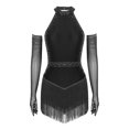 thumbnail image 1 of YONGHS Robe de Danse à Franges pour Femmes Col Halter Costume de Danse Latine pour Salon Rumba Salsa avec Gants Noir TTG, 1 of 7