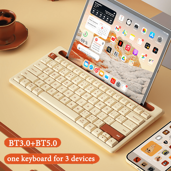 BOW BT Multi-Device Wireless Keyboard with Phone Holder Slot 79 Keys Multimedia Button Keyboard for Windows/Mac OS/Android
