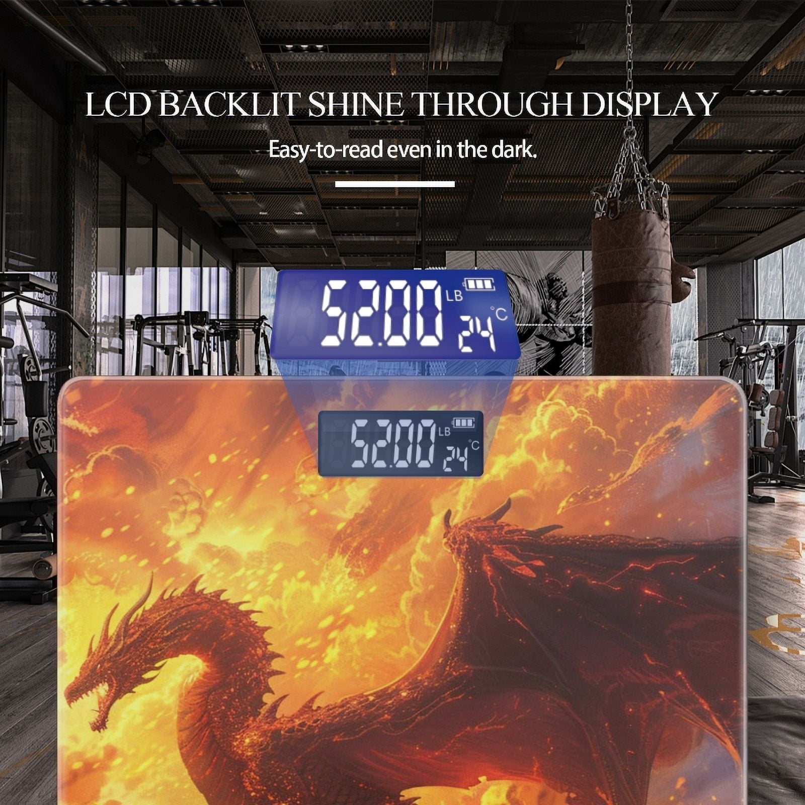 High Precision Body Weight Scale Smart Bathroom Scales with Large LCD Display(400lbs),Decorative for Bedroom-Majestic Dragon Soaring Through The Fiery Skies