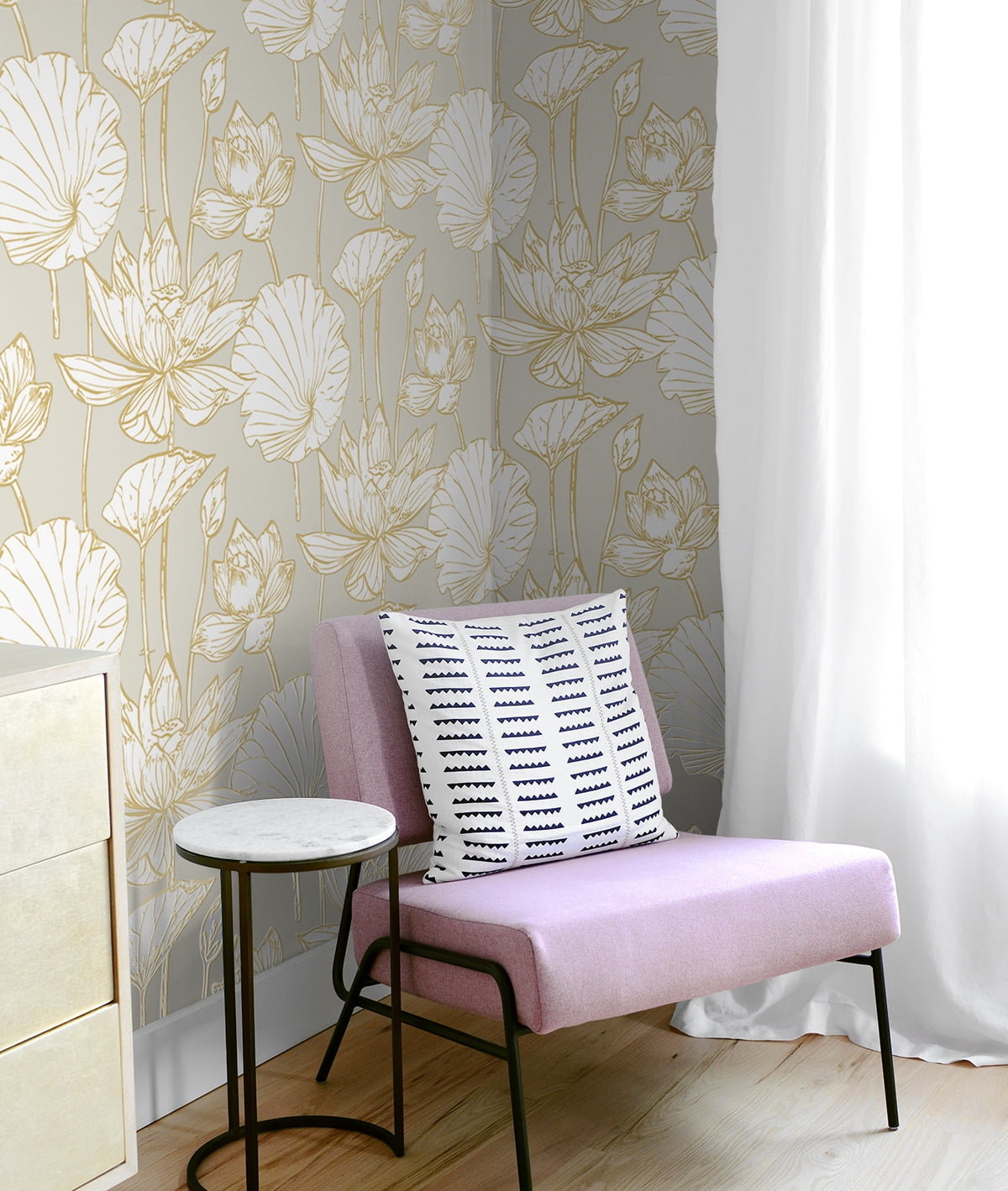 NextWall Metallic Gold & Grey Lotus Floral Peel and Stick Wallpaper - 20.5 in. W x 18 ft. L Roll