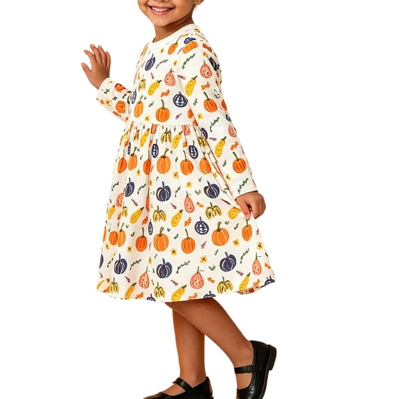 Vividxx Girl Halloween Dress Pumpkin Print Dress Kids Long Sleeve Party Dress Toddler Fall Party Casual Outfit 7-8 Years