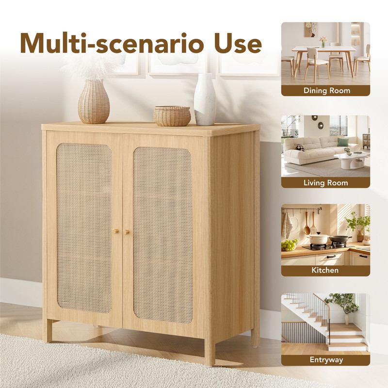 Spruce & Spring Rustic Modern Sideboard with Rattan Doors for Dining & Living Room