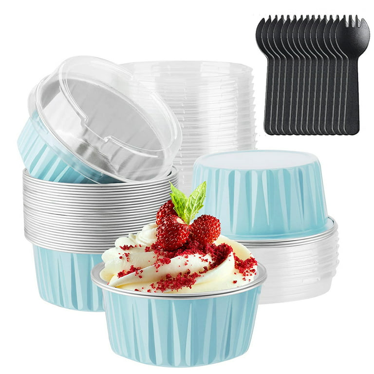 50 Pack Disposable Cups - Aluminum Foil Cupcake Liners Baking Cups with  Lids and Sporks for Desserts - Oven Safe - Blue 