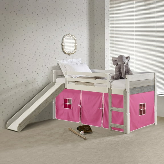 Donco TWIN PANEL LOW LOFT BED WITH SLIDE IN TWO-TONE GREY/WHITE FINISH & PINK TENT KIT