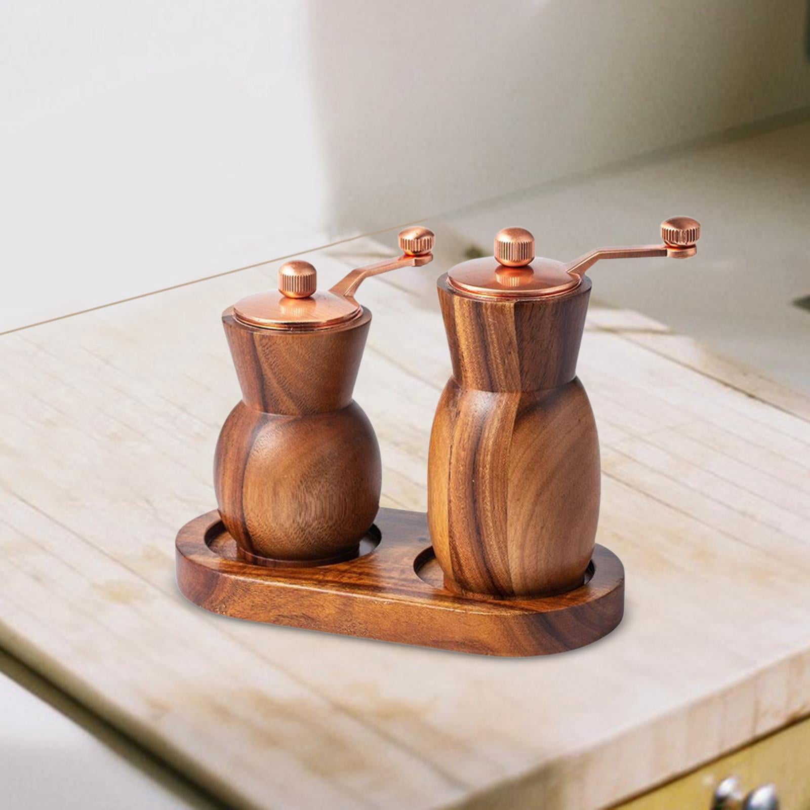 shamjina 2Pcs Wood and Pepper Shakers with Tray Sea Grinder Kitchen Gadgets