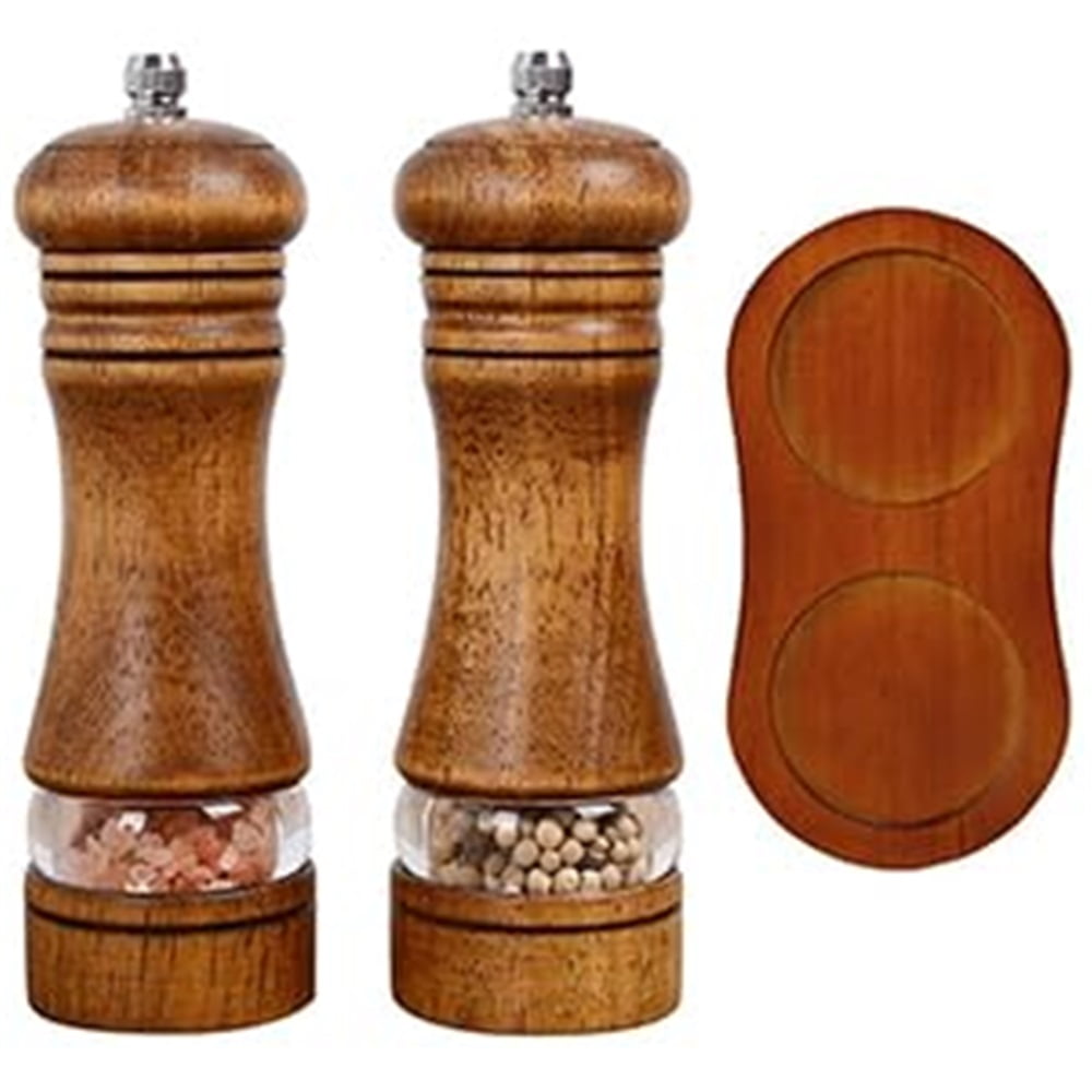 2-Piece Salt and Pepper Grinder Set with Wood Tray, 6 Inch Wooden Salt and Pepper Mills with Adjustable Coarseness, Refillable Manual Pepper Mill Grinder for Home Cooks （vintage color）