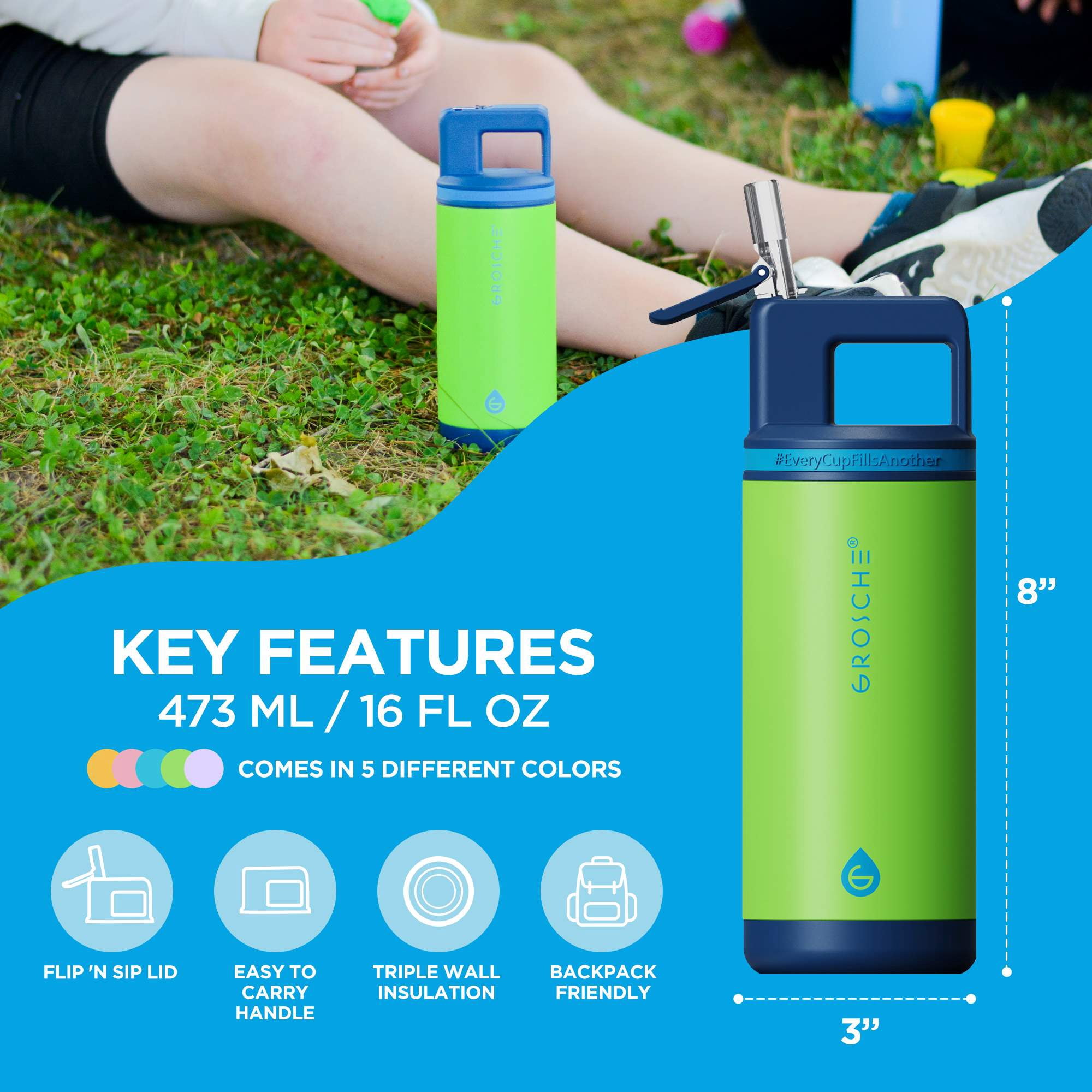 ALPINE Flip 'N Sip Kids Insulated Water Bottle With Straw - 16oz Kids Water Bottle - Dino Green