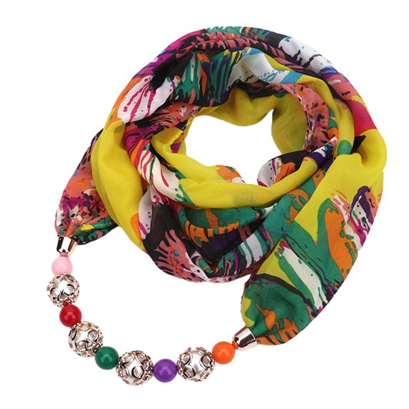 GROFRY Ethnic Beads Pendant Floral Print Necklace Scarf Simple Ethnic Style Vintage Chiffon Scarf for Home