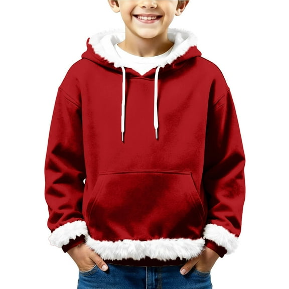 Ruyang Girls Christmas Pullover Hoodies Kids Boys Fuzzy Trim Hooded Sweatshirts Fall Winter Y2K Trendy Hoodies