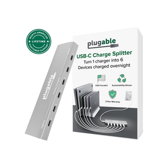Plugable 6 Port USB C Charging Station, Up to 100W Charger for Multiple Devices with Priority Charging