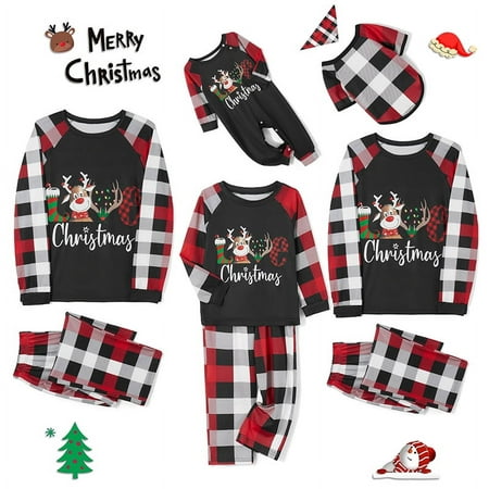 

Bebiullo Christmas Family Matching Pajamas Set Cartoon Reindeer Raglan Sleeve Night Shirt with Plaid Pajama Pants Holiday Sleepwear